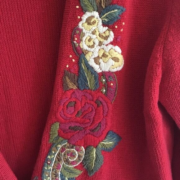 HERMAN GEIST Hand Floral Embroidered Embellished Cardigan Sweater Red S - Picture 5 of 8